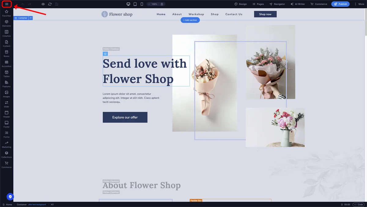 Sitejet Builder - main menu