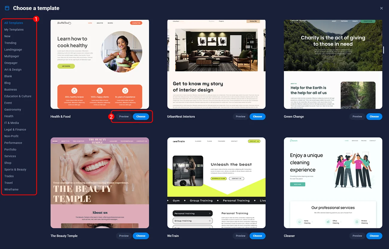 Sitejet Builder - previewing and selecting a website template